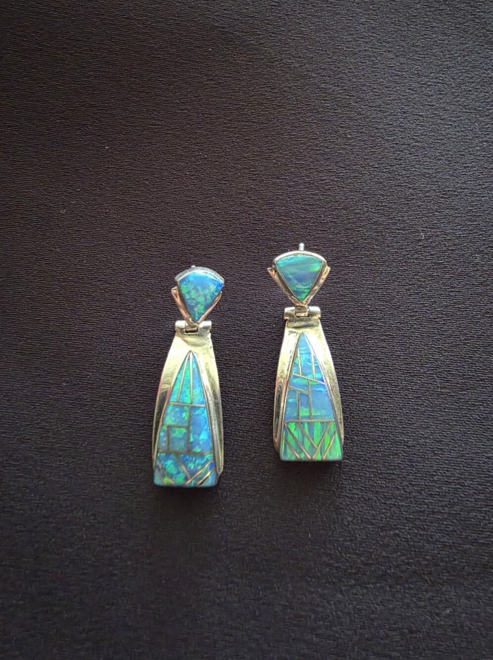 Navajo Marilyn Yazzie Sterling Silver Lab Opal Inlay Dangle Hinge Earrings Vtg - Picture 4 of 12